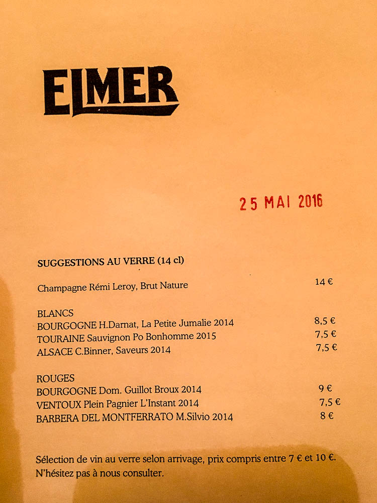 Carte des vins. Elmer Paris